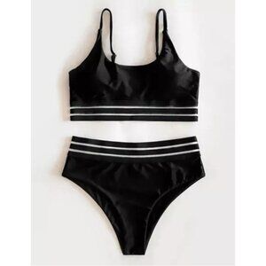 Adisputent Womens High Waisted Bikini Set Sporty Crop Top Black Size XL Beach